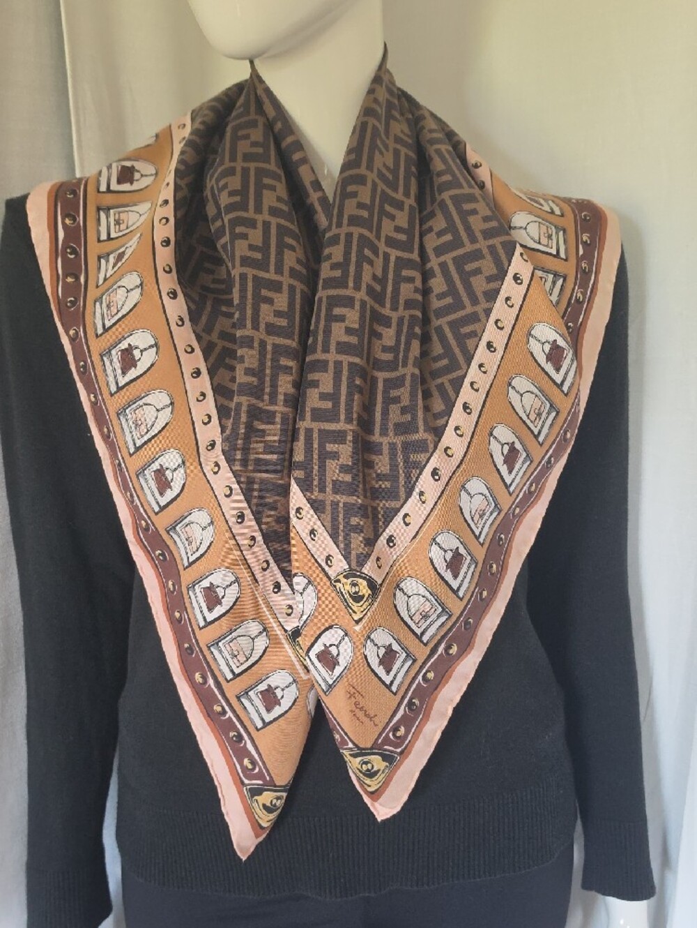 Classic Fendi Brown and Tan Square Silk Scarf with Signature FF Fendi Pattern
